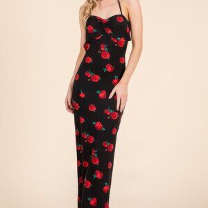 Brand New Ladies Black Midi dress with Roses With Open Back Size Medium